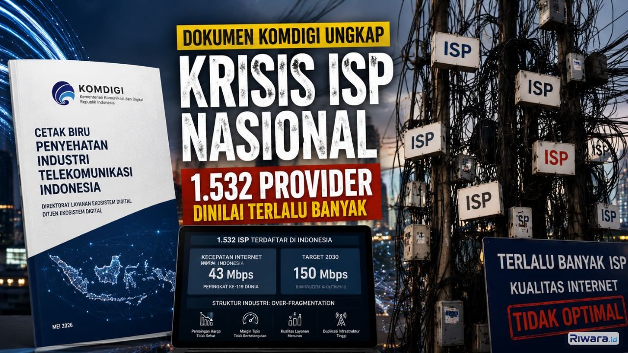 Ilustrasi dokumen Cetak Biru Penyehatan Industri Telekomunikasi Indonesia dari Komdigi yang menyoroti over-fragmentasi industri ISP nasional kualitas layanan internet serta roadmap reformasi telekomunikasi Indonesia hingga 2030